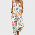 Pantaloni salopette a fiori colorati crema