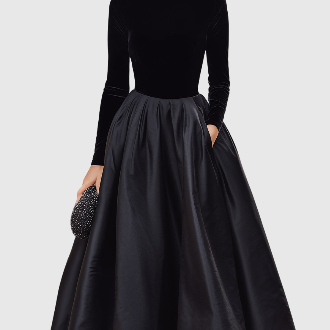 ARADIA | ABITO MIDI IN VELLUTO NERO E RASO