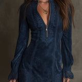 RACHEL | ABITO BLU IN CAMOSCIO CON ZIP FRONTALE