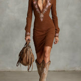 ARAWEN | ABITO MIDI IN CAMOSCIO BEIGE CON RICAMI FLOREALI