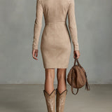 ARAWEN | ABITO MIDI IN CAMOSCIO BEIGE CON RICAMI FLOREALI