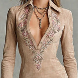 ARAWEN | ABITO MIDI IN CAMOSCIO BEIGE CON RICAMI FLOREALI