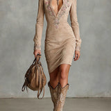 ARAWEN | ABITO MIDI IN CAMOSCIO BEIGE CON RICAMI FLOREALI