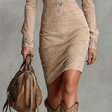 ARAWEN | ABITO MIDI IN CAMOSCIO BEIGE CON RICAMI FLOREALI