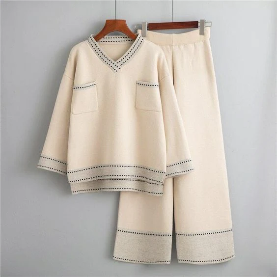 OHANA | Top V-Collo Albicocca e Pantaloni Larghi Set Relax