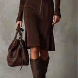 ROWENO | ABITO MIDI MARRONE CON ZIP E CINTURA