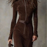 ROWENO | ABITO MIDI MARRONE CON ZIP E CINTURA