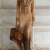 BEATRICE | ABITO MAXI IN CAMOSCIO SINTETICO CON FRANGE